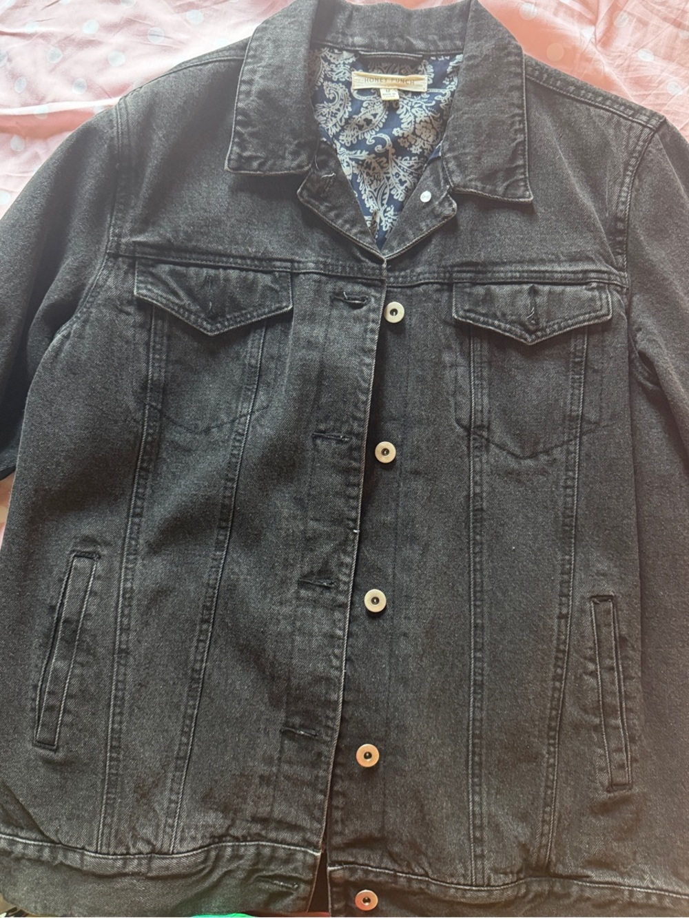 Honey Punch Black Denim Jacket with Patterned Lining